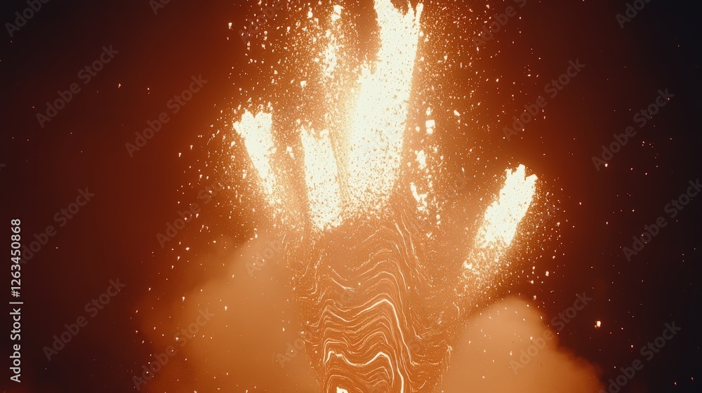 Poster eruption of lava creating natural fibonacci-like flow in a volcanic landscape during nighttime displ