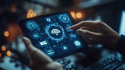 Person using tablet with glowing wifi and data icons.