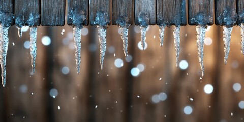 seasonal transition, detailed sight of icicles melting on a wooden fence, with small water droplets, symbolizing the warmth of the spring equinox