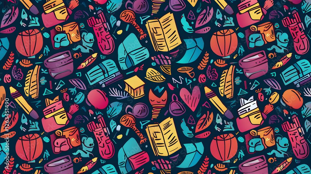 Poster colorful pattern featuring various artistic objects and tools against a dark background