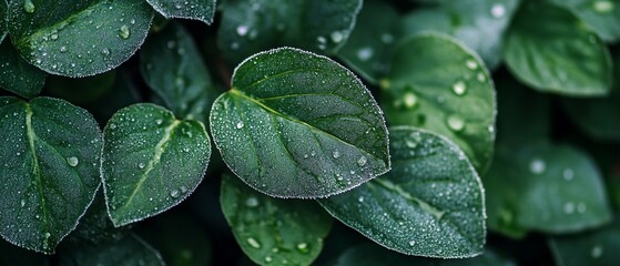 Fototapeta premium Dewy green leaves, close-up, nature background, website banner