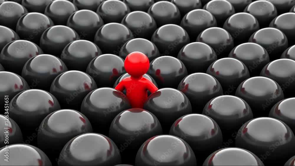 Poster red figure is standing in the middle of a field of black spheres. the spheres are all the same size 