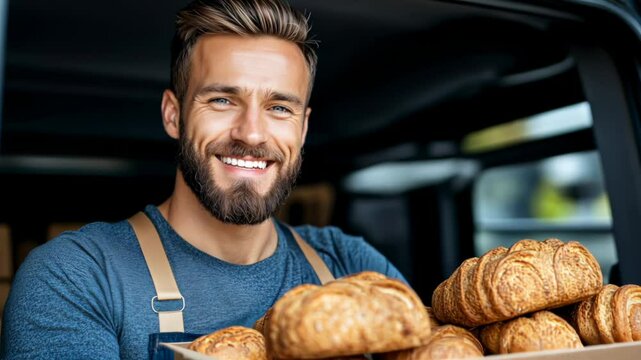 Freshly baked bread delivery from local bakery by smiling baker in urban area