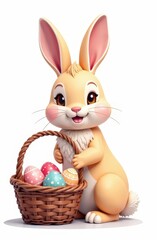 This illustration, on the left, on a white background, features a stylish Easter bunny with a basket of elegant Easter eggs, with plenty of space for text on the right