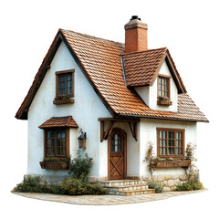 White house with a brown roof isolated on transparent background