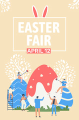 Tiny people painting and decorating giant easter eggs with paint rollers and brushes for easter fair event on april 12, easter celebration poster, spring holiday event