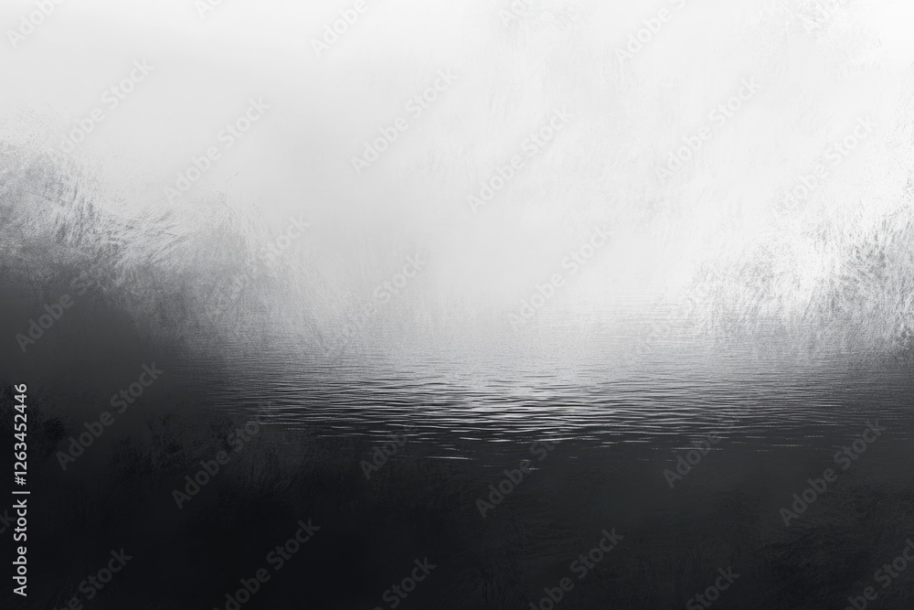 Poster a grayscale abstract painting depicting a tranquil, foggy lake scene with subtle texture and a calm 
