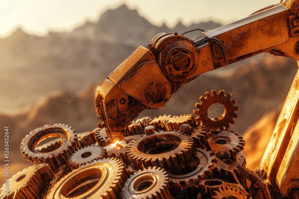 Aufkleber robotic arm interacts with intricate gears, showcasing industrial automation and technological advan