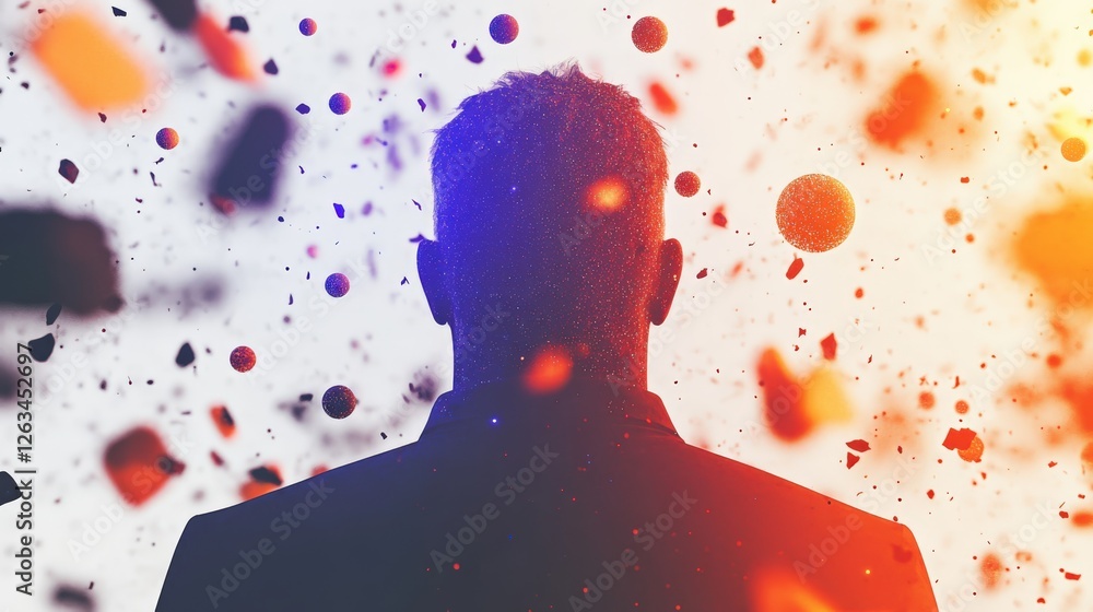 Poster meditative figure surrounded by glowing orbs of light in an ethereal and abstract setting