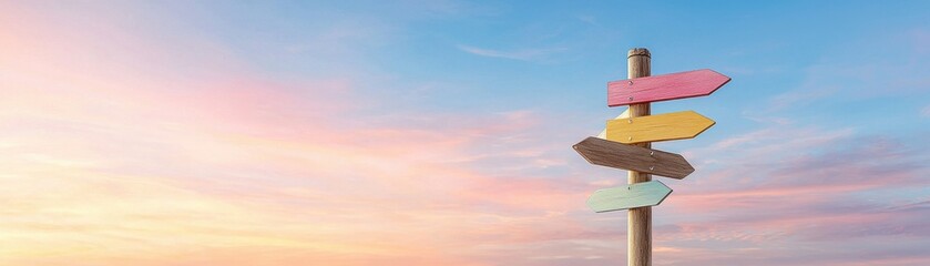 A colorful signpost stands against a serene sky, pointing in different directions, symbolizing choices and possibilities.