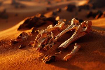 Scattered animal bones bleached by the desert sun, a scene of quiet decay in the sands.