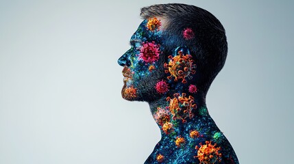 Creative side profile of a man with colorful virus patterns studio gigapixel art modern artistic expression