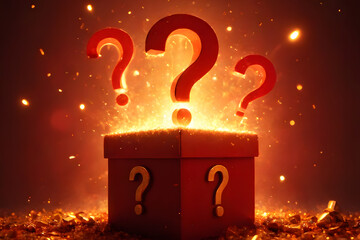 Mystery boxes and surprise boxes with glowing lights and question marks. The background has a gradient of warm red shades.