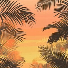 Obraz premium A tropical sunset illustration with silhouetted palm leaves, warm golden hues, and soft orange gradients. The serene, dreamy botanical composition captures the beauty of an evening jungle landscape.