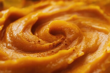 Fototapeta premium Close-up of smooth, spiced pumpkin puree with a swirling texture.