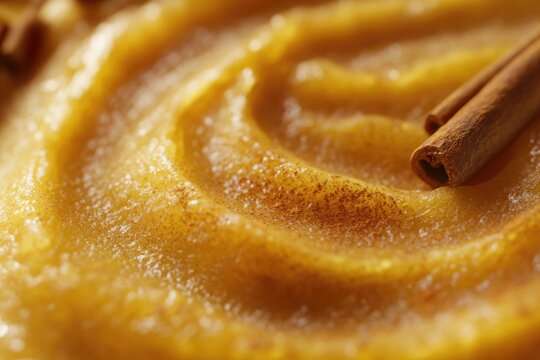 Close-up of smooth, golden applesauce sprinkled with cinnamon.
