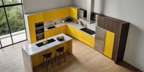 Modern Yellow Kitchen with Marble Island and Stainless Steel Appliances