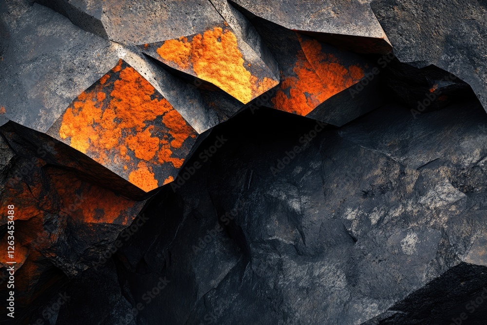 Poster dark, angular rocks with patches of vibrant orange, creating a striking contrast and texture.