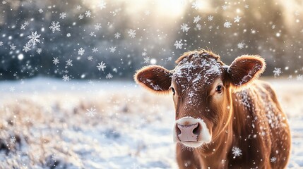 A Brown Cow in a Snowy Winter Wonderland: Serene Beauty of Nature in the Cold Season