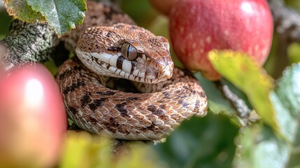 Naklejka premium A brown snake coiled amongst ripe red apples on a tree branch.