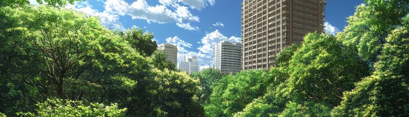 City park view, tall buildings, summer sky, lush green trees. Website banner