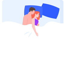 Romantic couple sleeping together under blanket in bed, cuddling each other, man and woman resting in bedroom at night, healthy sleep, comfortable bedclothes, vector flat style cartoon illustration