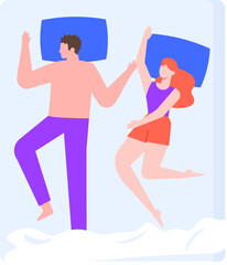 Young romantic couple sleeping in bed at night, wearing pajamas, dreaming and holding hands, night sleep position vector isolated illustration set