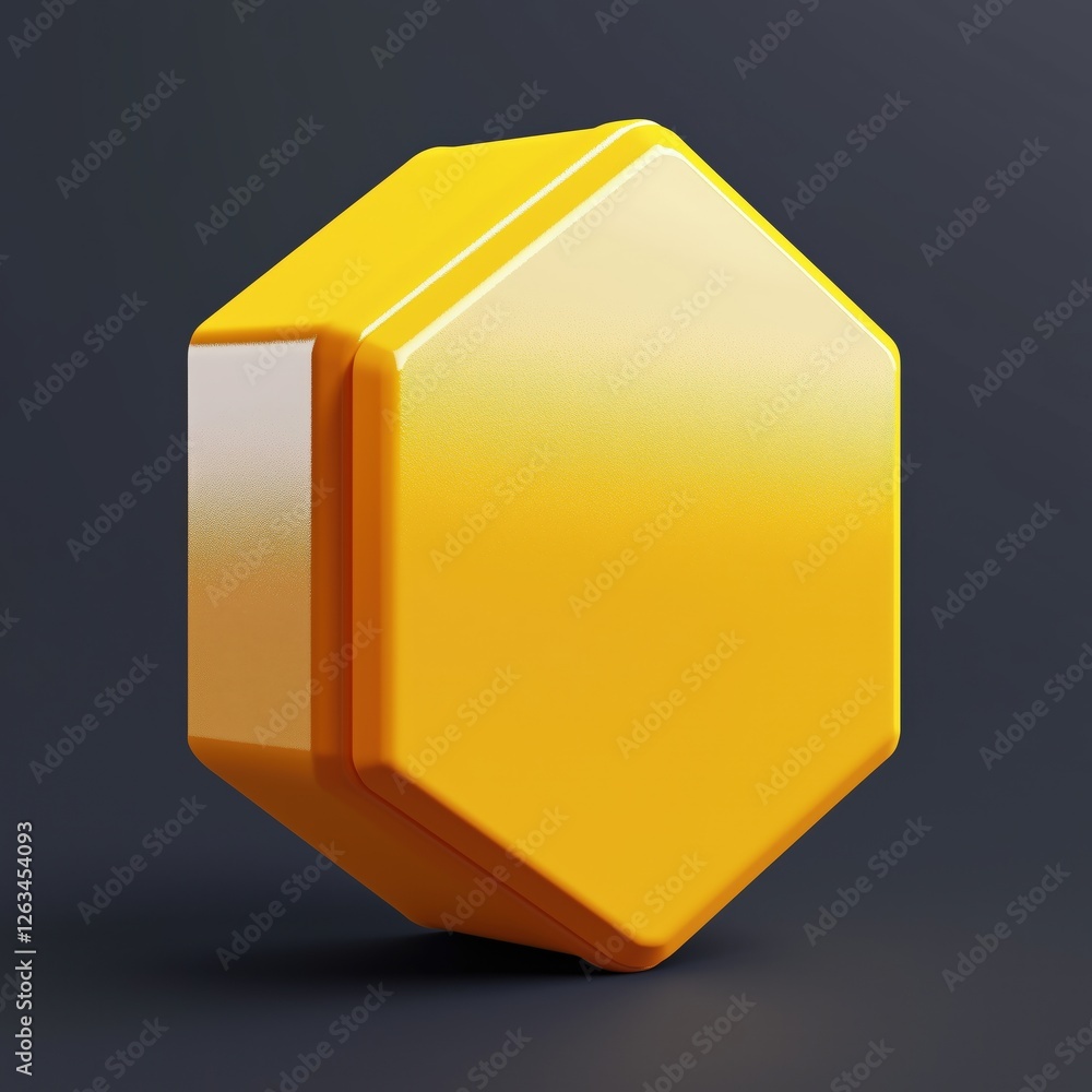 Poster yellow hexagonal object with a smooth glossy surface against a dark background.