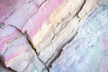Fototapeta premium Close-up view of a cracked rock surface displaying pastel pink, white, and gray layers.