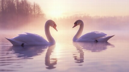 Fototapeta premium Swans Swimming Gracefully in a Still Lake