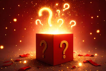 Mystery boxes and surprise boxes with glowing lights and question marks. The background has a gradient of warm red shades.
