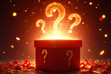 Mystery boxes and surprise boxes with glowing lights and question marks. The background has a gradient of warm red shades.