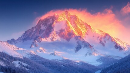 Majestic mountain peak bathed in sunrise glow, winter wonderland landscape