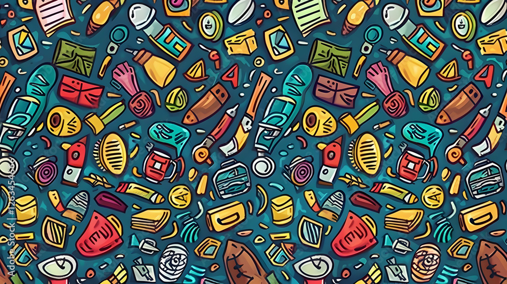 Poster colorful pattern of assorted tools and materials scattered across a vibrant background