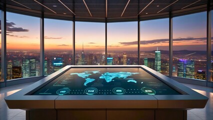 Modern Interactive Table with Global Map Displaying City Skyline at Sunset