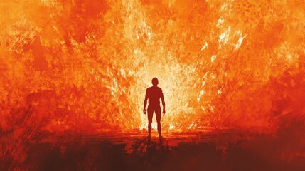 Fototapeta premium Silhouette stands before abstract explosion of fiery orange light