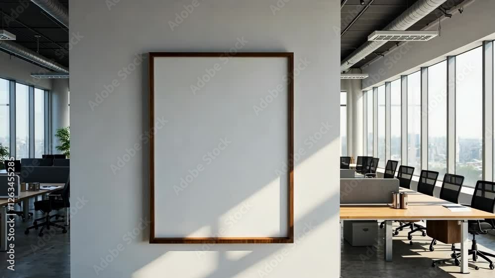 Poster large white frame hangs on a wall in a large open office space. the room is filled with desks and ch