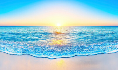 Serene ocean view at sunrise with gentle waves, bright horizon, and soft pastel colors reflecting on calm water surface, ideal for relaxation and tranquility