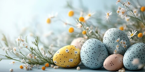 Obraz premium Colorful decorated eggs resting on a soft surface surrounded by delicate flowers and foliage for a spring celebration