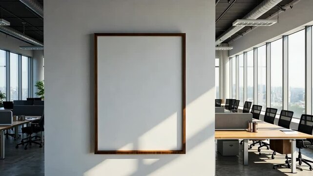 Large white frame hangs on a wall in a large open office space. The room is filled with desks and chairs, and the walls are bare. The space is designed to be functional and efficient
