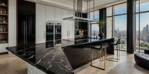 Fototapeta premium Modern Luxury Kitchen with Stunning City View