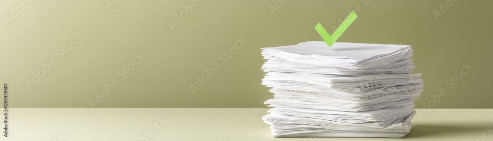 Poster a stack of papers topped with a green checkmark, symbolizing completed tasks or approved documents a
