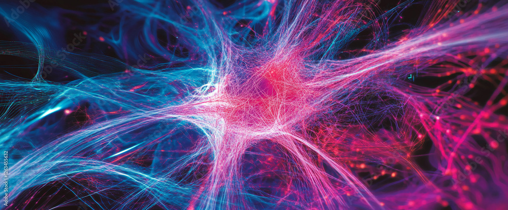 Aufkleber abstract digital art depicting glowing pink and blue neural networks interconnected with light, symb