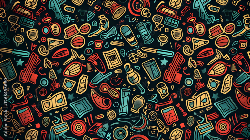 Poster colorful abstract pattern featuring various objects and shapes on a dark background