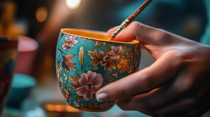 Artist’s Hands Painting Intricate Designs on a Ceramic Mug