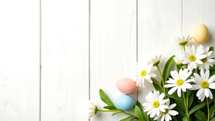 White daisies, green leaves, Easter eggs, pastel colors, spring theme, white textured background