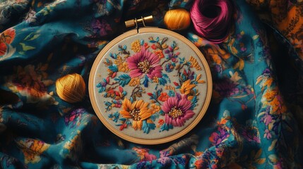 Fototapeta premium DIY Embroidery Project with a Hoop and Colorful Threads