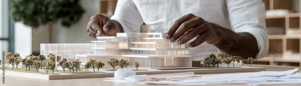 Poster a person is assembling a detailed architectural model, showcasing design elements and greenery on a 