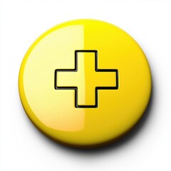 Fototapeta premium Yellow circular button with embossed black cross symbol against a white background.