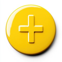 Fototapeta premium Glossy yellow button with an embossed plus sign symbol on a white background.